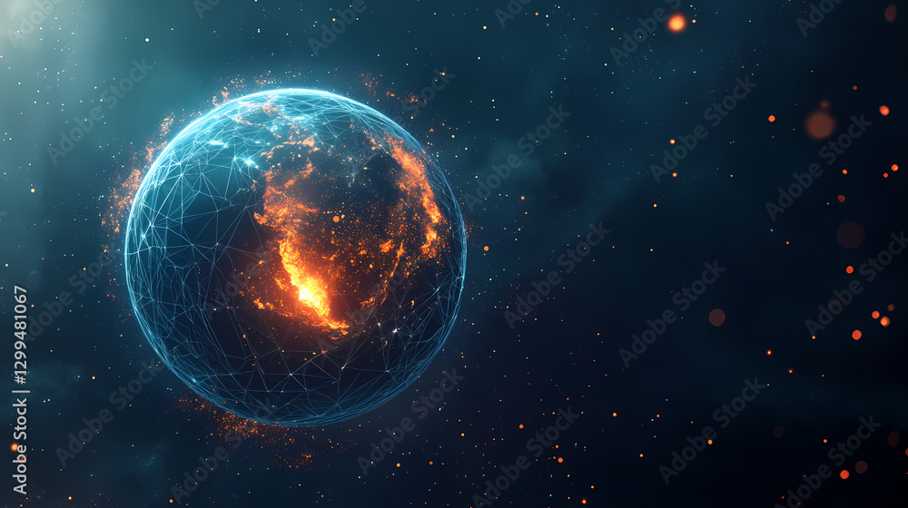 Obraz premium Abstract polygonal planet earth with hologram on dark blue background. Energy - Fire. Illustration