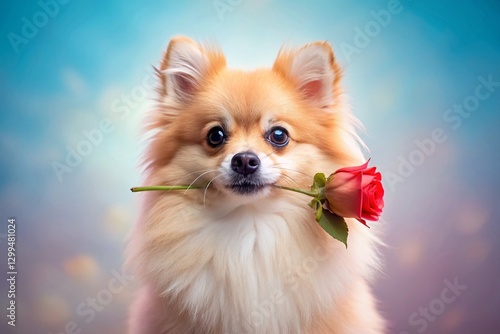 Cute Pomeranian Dog with Rose, Pastel Background, Valentine's Day