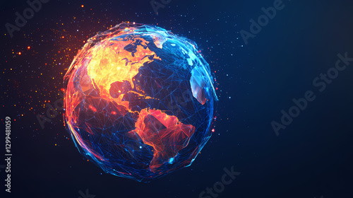 Fototapeta Naklejka Na Ścianę i Meble -  Abstract polygonal planet earth with hologram on dark blue background. Energy - Fire. Illustration