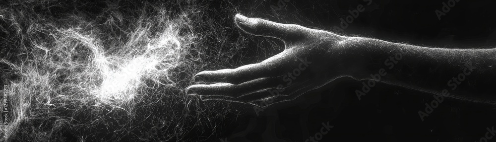 Naklejka premium Ethereal hands reaching into the void, fingers touching a distant star, detailed cosmic patterns forming in grayscale