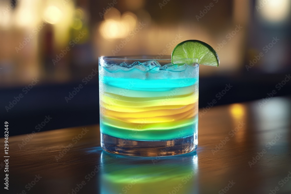 Layered rainbow cocktail in a rocks glass, garnished with a lime wedge. Layered rainbow cocktail in a rocks glass, garnished with a lime wedge.