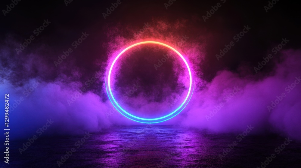 Circular neon light glows amidst a dark foggy environment Circular neon light glows amidst a dark foggy environment