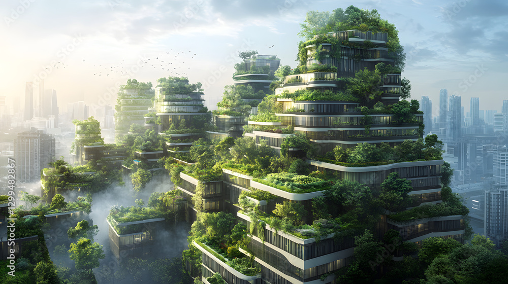 Obraz premium A futuristic city where every building is covered with green rooftops, vertical gardens, and urban farms to promote a sustainable environment and reduce pollution.