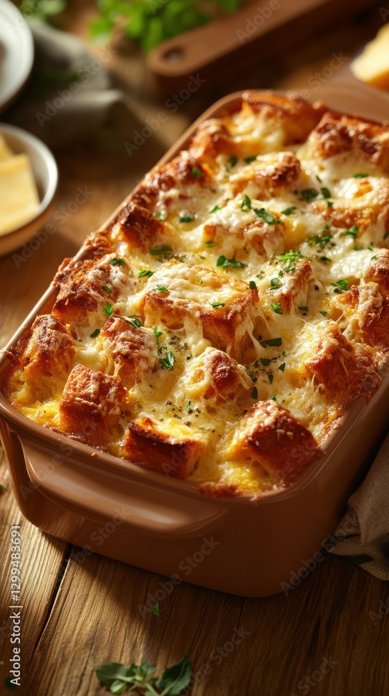 Savory baked bread casserole with cheese and herbs ready to be served at a family gathering Savory baked bread casserole with cheese and herbs ready to be served at a family gathering