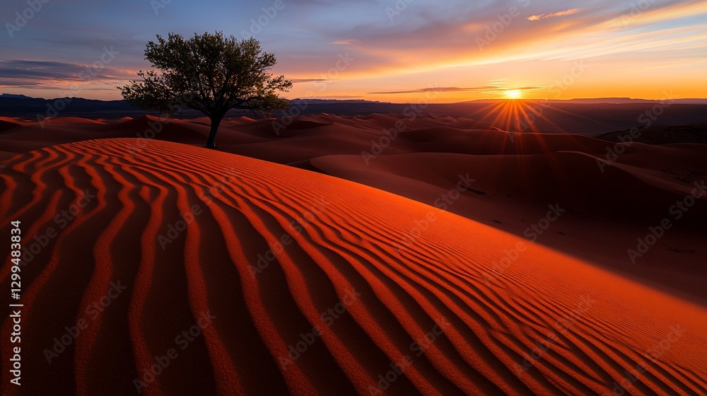 Lone Tree Stands Tall on the crest dune against a Golden Sunset Desert