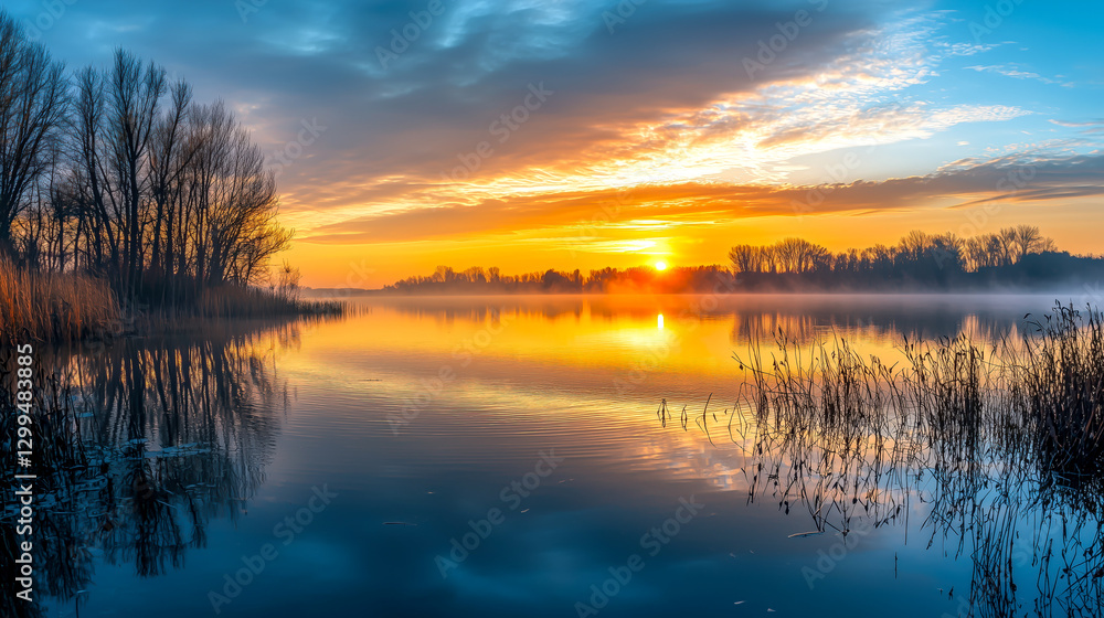 Serene sunrise over a calm lake, with trees and reeds reflecting in the water. Peaceful landscape evokes tranquility. Serene sunrise over a calm lake, with trees and reeds reflecting in the water. Peaceful landscape evokes tranquility.