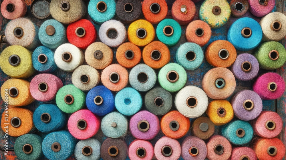 Fototapeta premium Automated thread winding machine carefully aligning colorful spools.