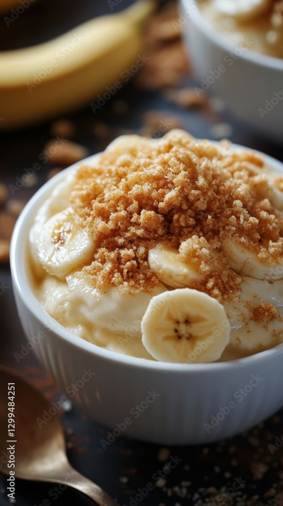 Delicious banana pudding topped with crushed cookies on a rustic table setting Delicious banana pudding topped with crushed cookies on a rustic table setting