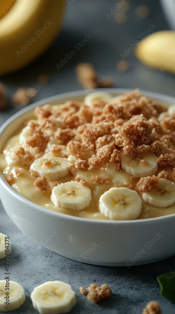 Creamy banana pudding topped with crunchy crumble served in a bowl with fresh bananas Creamy banana pudding topped with crunchy crumble served in a bowl with fresh bananas