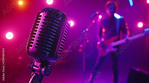 Retro Microphone on a Neon Stage with a Blurred Guitarist in the Background for Concert Posters and Music Promotions
