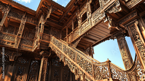 Intricately carved wooden staircase in a traditional architectural setting under a clear sky