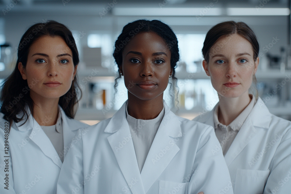 3 diverse female scientists in lab, shallow depth of field 3 diverse female scientists in lab, shallow depth of field