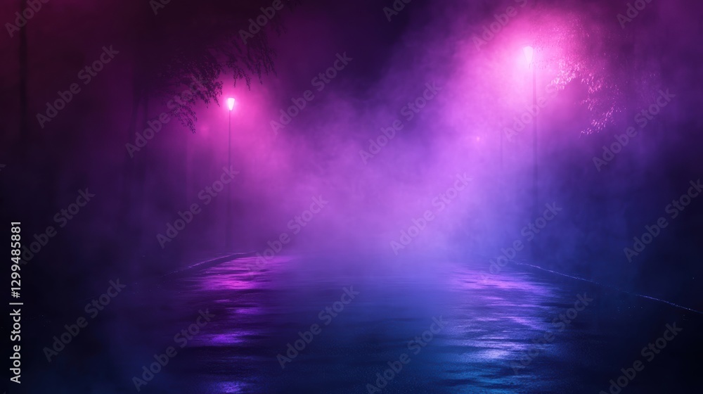 Fototapeta premium Misty Night Street, Purple and Blue