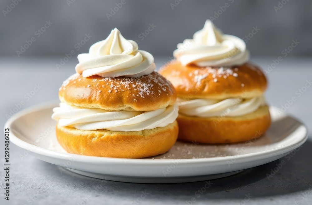Two freshly baked cream-filled pastries sit on a white plate. The soft buns are topped with a swirl of whipped cream and a sprinkle of sugar inviting indulgence for dessert lovers. Two freshly baked cream-filled pastries sit on a white plate. The soft buns are topped with a swirl of whipped cream and a sprinkle of sugar inviting indulgence for dessert lovers.