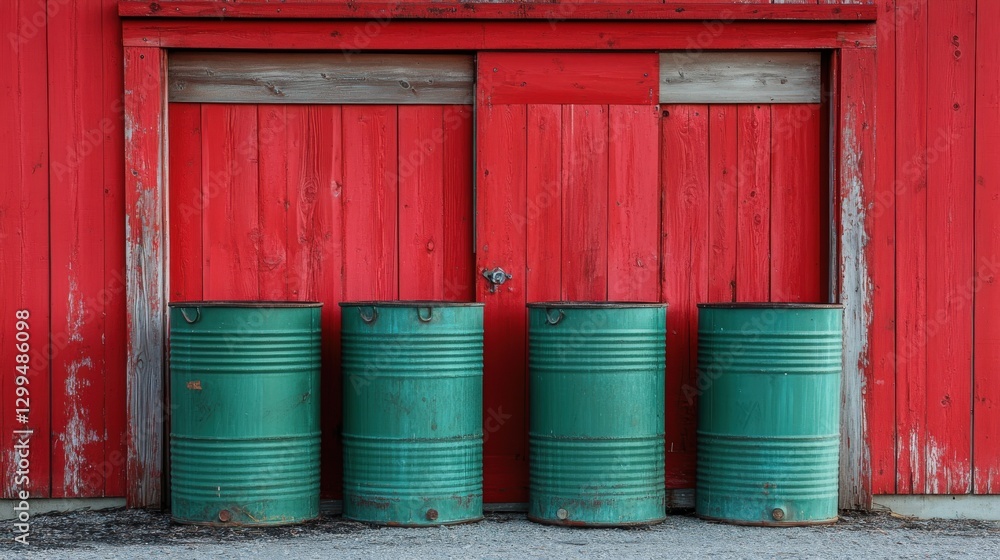 Green metal barrels of liquid fertilizer in front of a vibrant red barn Green metal barrels of liquid fertilizer in front of a vibrant red barn