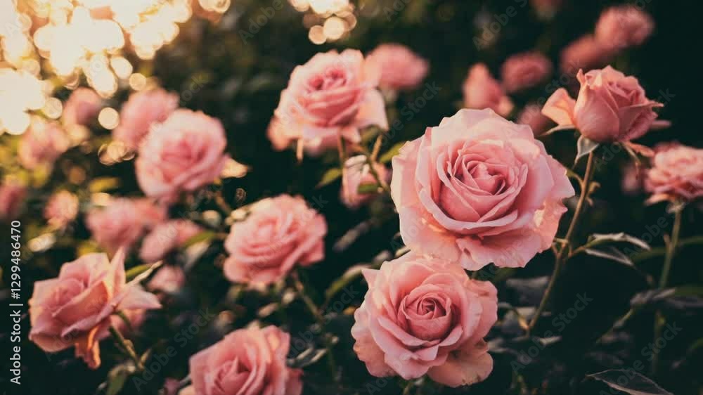 Close-up, low-angle shot of blooming pink roses in soft focus, capturing a romantic, dreamy style perfect for a nature-themed video. Live desktop wallpaper. Close-up, low-angle shot of blooming pink roses in soft focus, capturing a romantic, dreamy style perfect for a nature-themed video. Live desktop wallpaper.