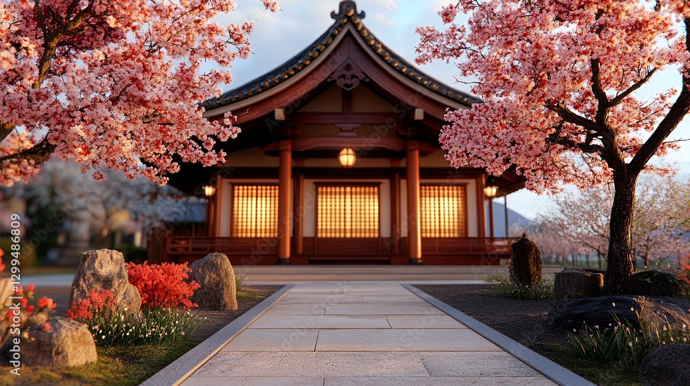 Japanese Temple Amidst Cherry Blossoms at Sunset Japanese Temple Amidst Cherry Blossoms at Sunset