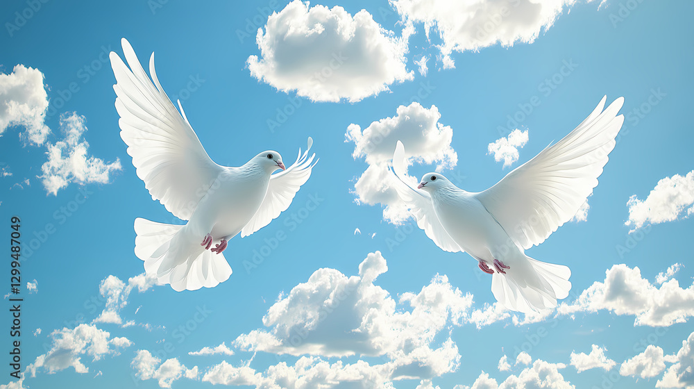 Obraz premium Two white doves flying in a blue sky with white clouds. Peace - River. Illustration