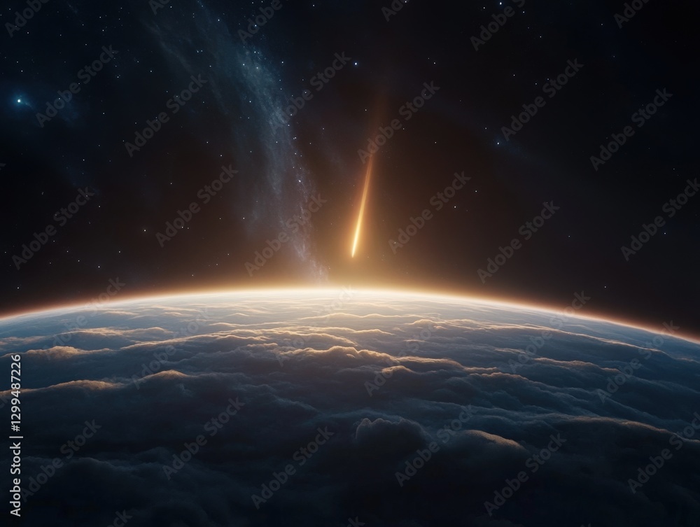 meteor entering earth's atmosphere over clouds. meteor entering earth's atmosphere over clouds.