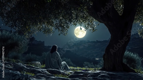 Contemplative Jesus in the Garden of Gethsemane Deep in Prayer Amidst Moonlit Olive Groves and a Profound Spiritual Solitude