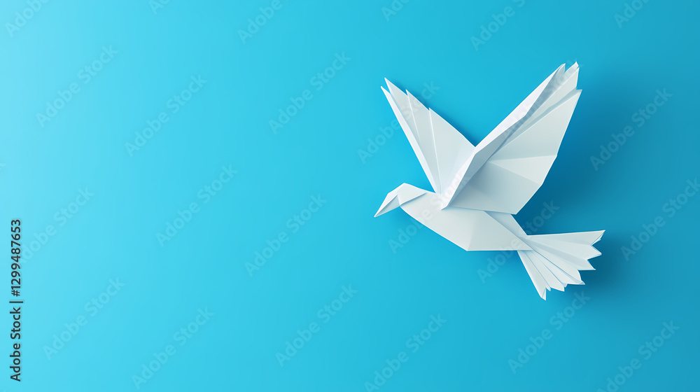 Obraz premium White origami pigeon on a blue paper background, peace or freedom concept, paper art work. Peace - River. Illustration
