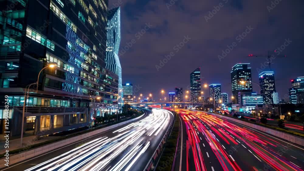 Nocturnal cityscape capturing vibrant car light trails weaving across ayalon highway, highlighting tel aviv's luminous skyline with sleek skyscrapers and architectural contours Nocturnal cityscape capturing vibrant car light trails weaving across ayalon highway, highlighting tel aviv's luminous skyline with sleek skyscrapers and architectural contours
