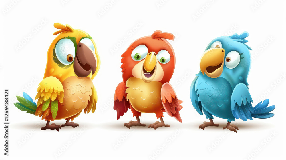 Colorful illustration of three playful parrots dressed as graceful ballerinas, dancing joyfully on stage. Colorful illustration of three playful parrots dressed as graceful ballerinas, dancing joyfully on stage.
