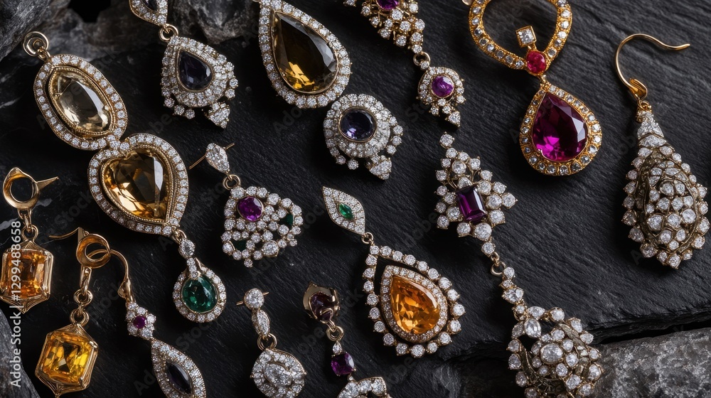 A collection of gemstone-encrusted earrings artistically arranged on black A collection of gemstone-encrusted earrings artistically arranged on black