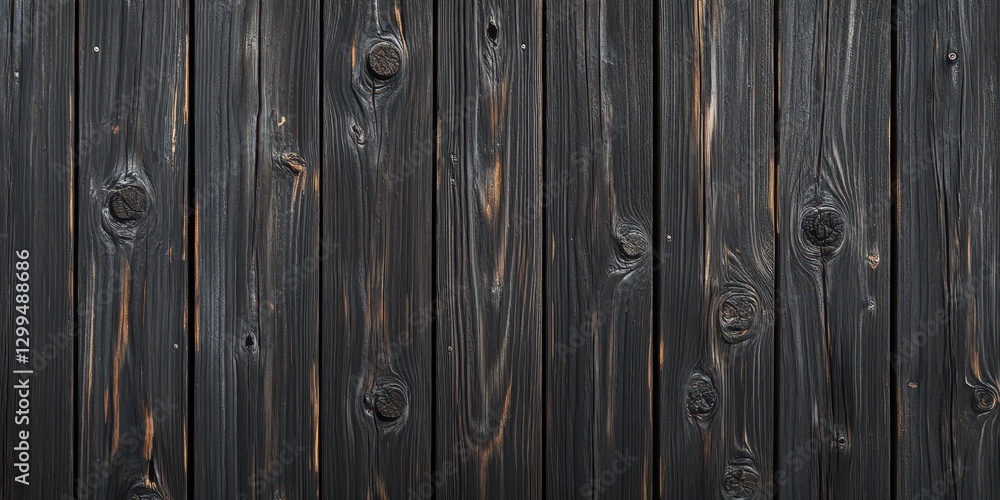 Fototapeta premium Charred wooden planks with prominent woodgrain and knot details
