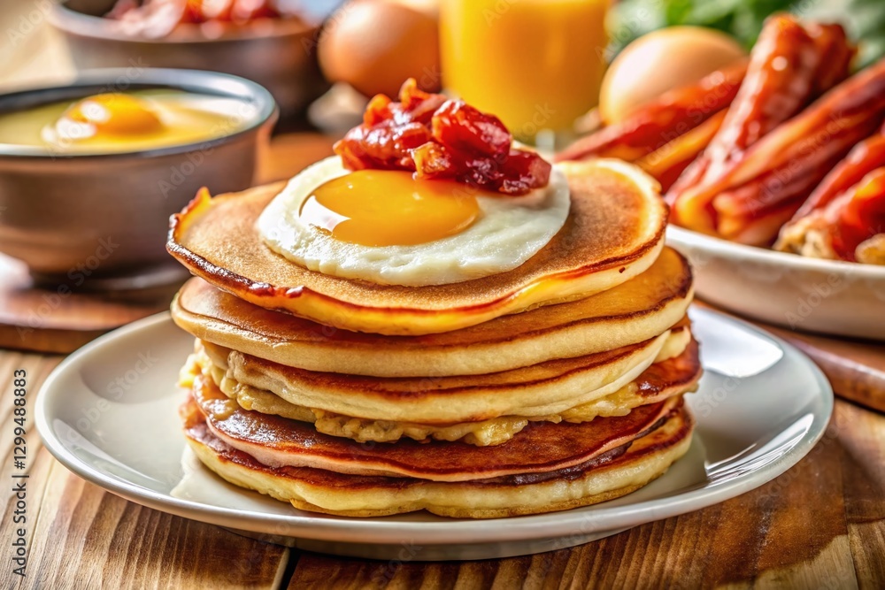 Delicious Breakfast: Fluffy Pancakes, Crispy Bacon, and Sunny-Side Up Eggs Delicious Breakfast: Fluffy Pancakes, Crispy Bacon, and Sunny-Side Up Eggs