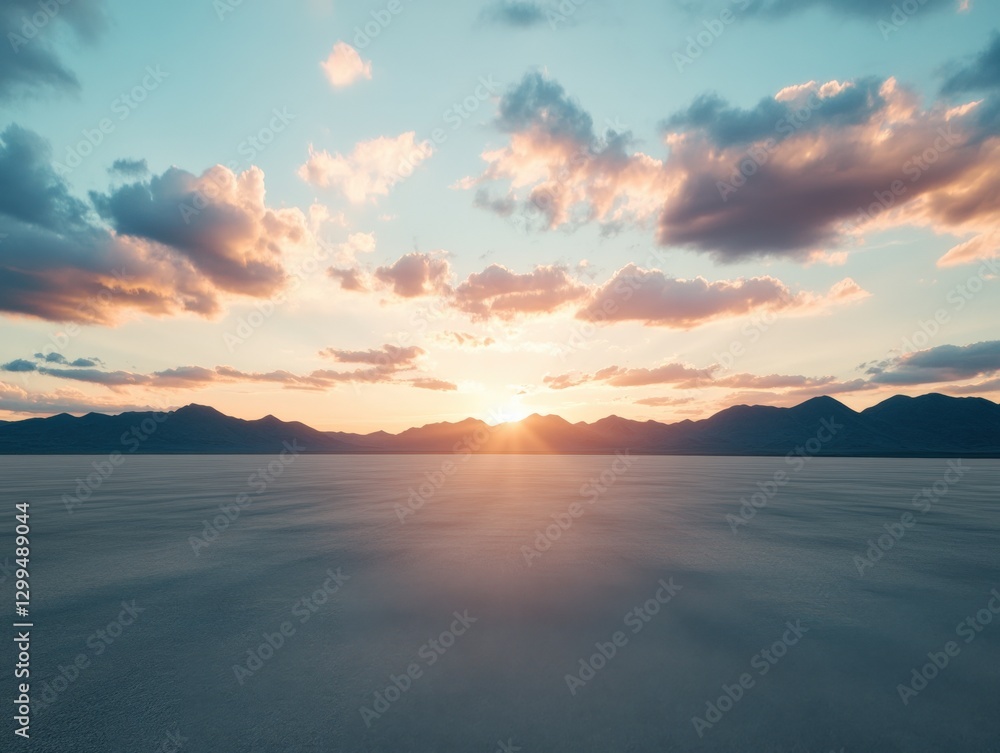 Obraz premium sunset over vast landscape with distant mountains