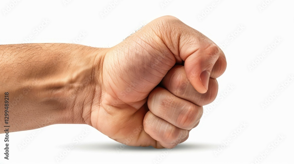 A closeup of a clenched fist symbolizes strength and determination against a plain white backdrop. A closeup of a clenched fist symbolizes strength and determination against a plain white backdrop.