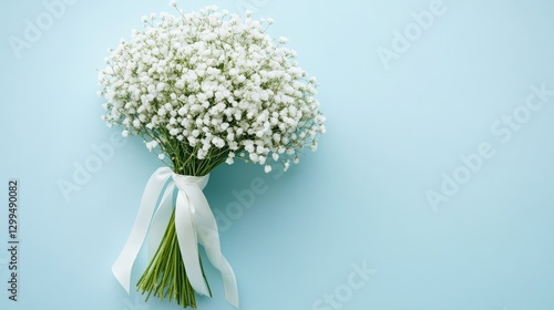 Delicate baby's breath bouquet on a soft pastel blue background.
