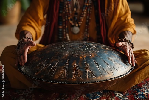 Man playing singing bowl, meditation