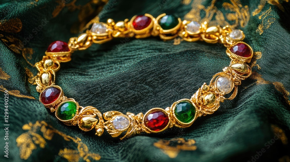 Obraz premium Delicate gold anklet with small gemstones, carefully displayed on a textured dark green fabric.