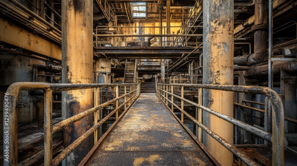 A dirty factory floor with fingerprint-smudged metal handrails A dirty factory floor with fingerprint-smudged metal handrails