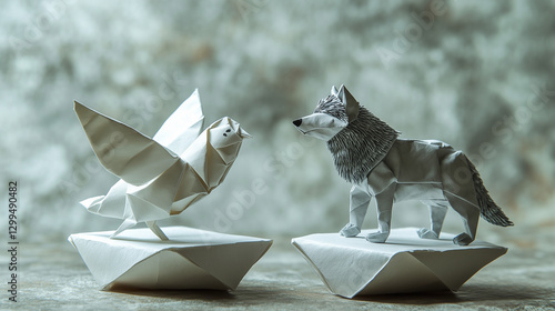 Intricate origami owl and wolf on paper platforms.