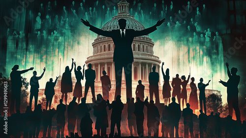 Silhouetted crowd celebrating in front of a government building.