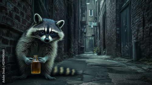 A raccoon holding a bottle in a dim alleyway.