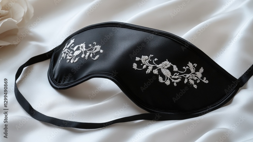 Stylish black sleep mask with white embroidered eyes on smooth silk background Stylish black sleep mask with white embroidered eyes on smooth silk background