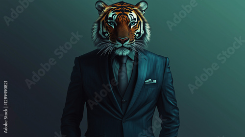 Tiger head photoshopped on a man's suit in surreal style.