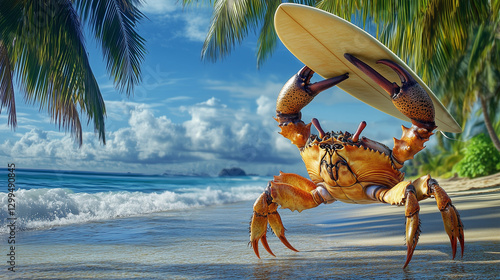A crab holding a surfboard on a tropical beach.