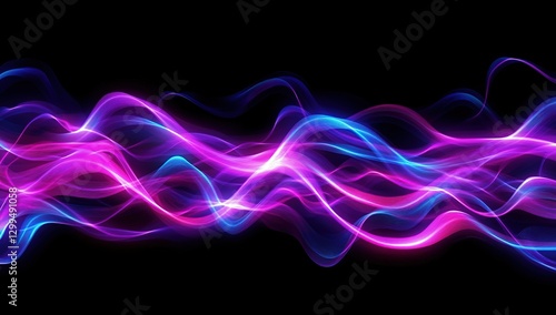 Abstract Purple Blue Glowing Waves on Black Background