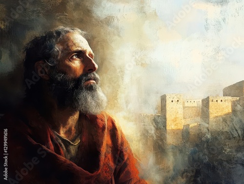 Dramatic Portrait of Jonah in Contemplation Poised with Prophetic Resolve as He Awaits the Fate of the Ancient City of Nineveh