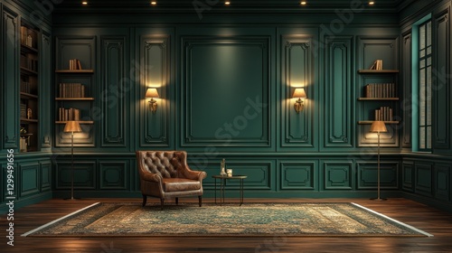 Fototapeta Naklejka Na Ścianę i Meble -  Luxurious Green Library Room Interior