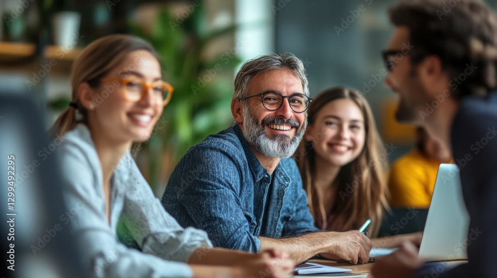 Happy team works at the office. Group of people talk and smile. Diverse staff looks positive during meeting. Everyone sits by table. Happy team works at the office. Group of people talk and smile. Diverse staff looks positive during meeting. Everyone sits by table.
