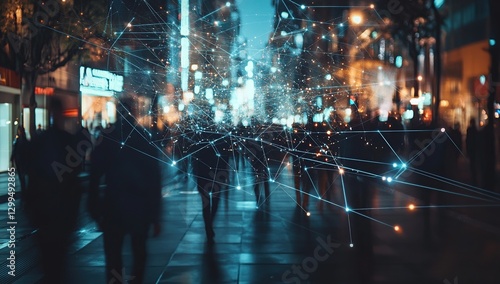 Wallpaper Mural Night City Crowd with Glowing Abstract Connections Torontodigital.ca