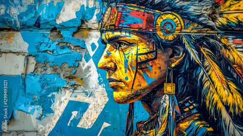A vibrant and colorful mural on a weathered brick wall depicting a person with a headdress in vivid detail and artistic expression.