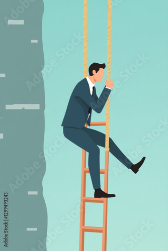 Choosing Between Hard and Easy Paths: Businessman Climbs Rope Instead of Ladder, Success Metaphor