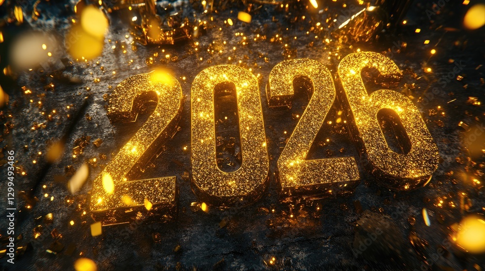 Glittering golden numerals surrounded by glowing fairy lights and confetti. Glittering golden numerals surrounded by glowing fairy lights and confetti.